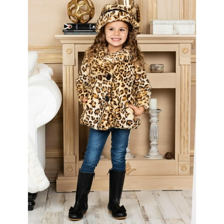 Widgeon Big Girls Button Front Faux Fur Coat Size 5 Amur Leopard
